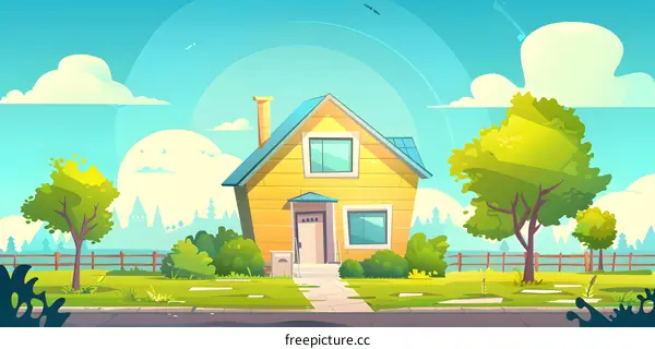 Cartoon Illustration of a Yellow House with Green Trees and Blue Sky