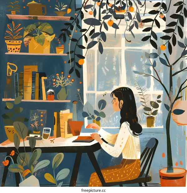 Woman Sitting at a Desk Surrounded by Plants in a Room