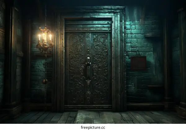 Ancient Ornate Door in a Dimly Lit Room