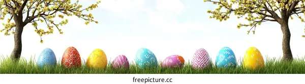 Colorful Easter Eggs in a Meadow with Trees