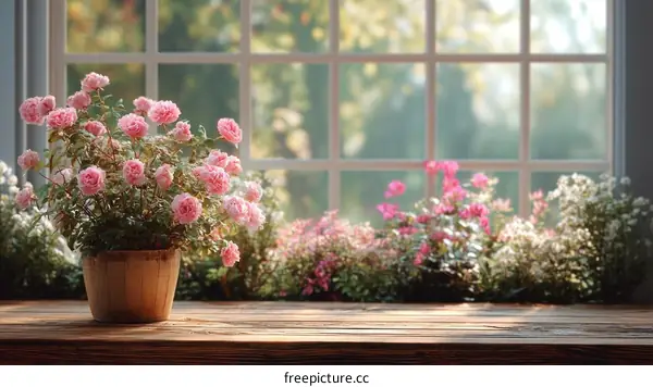 Pink Roses by the Window with Natural Sunlight