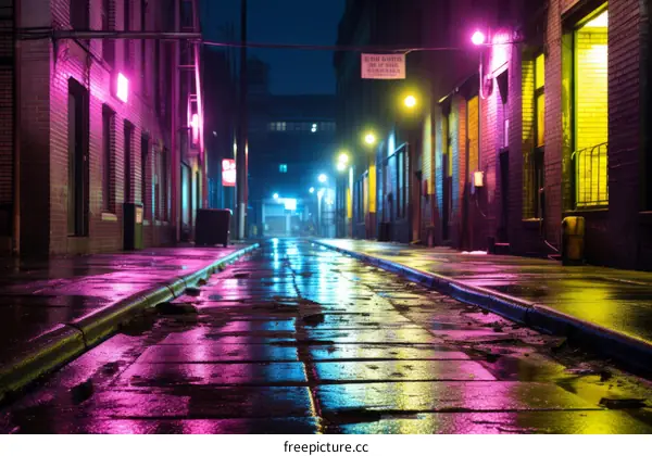 City street with colorful lights reflecting off wet pavement