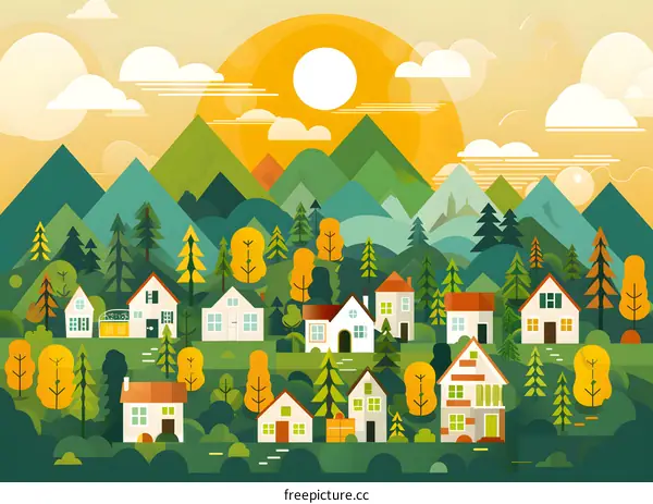Flat Design Illustration Of Village With Green Mountains And Yellow Sun