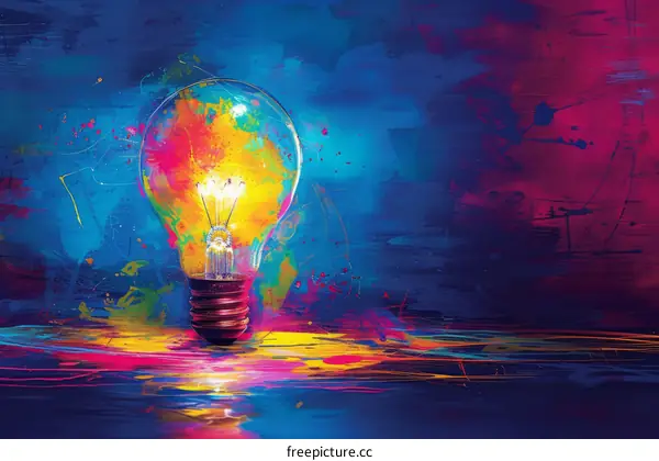 A brightly colored light bulb against a blue background
