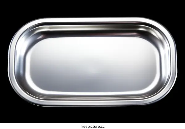 An empty stainless steel food tray on a black background