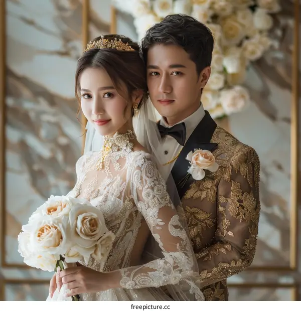 Elegant Asian Couple Posing For Wedding Portrait