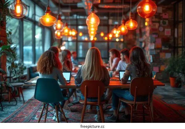 A group of people sitting around a table in a cafe working on their laptops