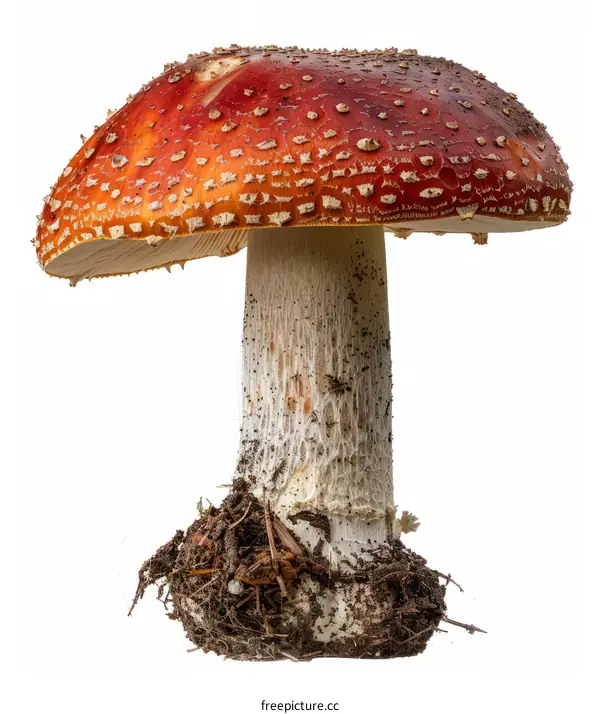 A large red and white mushroom with a white background