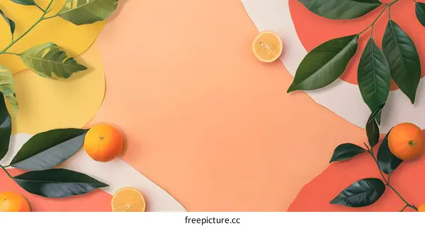 Orange and Lemon with Leaves on Colored Background