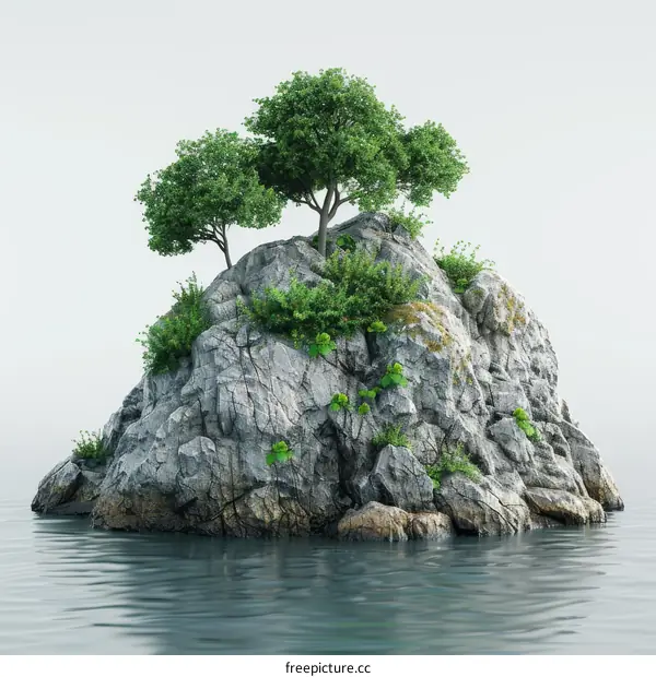 Lush Vegetation Thriving on a Small Rocky Island in the Ocean