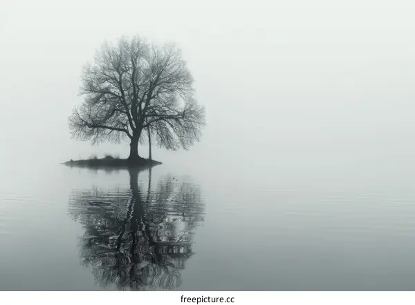 A Tree in the Middle of a Lake with Fog