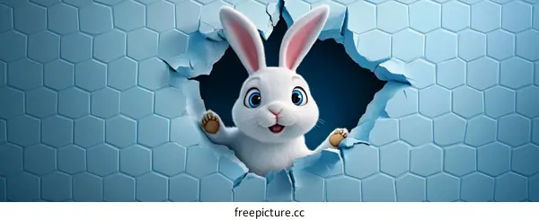 Cute White Rabbit Peeking Through a Hole in the Wall