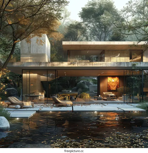 Modern Architectural Home with Pool and Autumn Trees