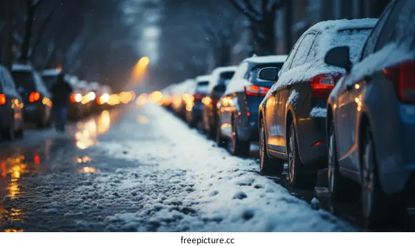 Snowy street with parked cars and a person walking