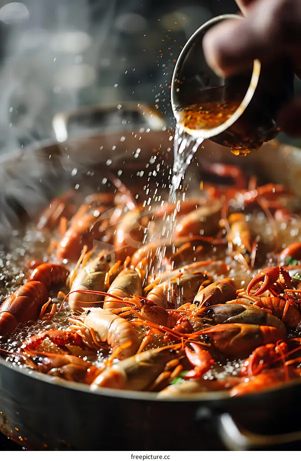 Cooking fresh crayfish in a spicy broth
