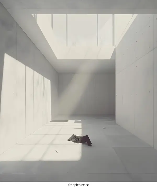 Minimalist Concrete Room with Skylight and Person Lying Down