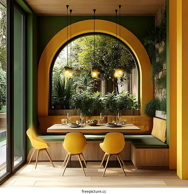 Colorful Dining Area with Arch Window