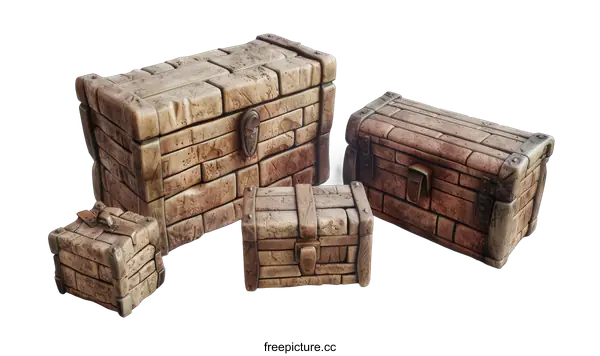 [Transparent Background PNG]Four chests of different sizes made of stone with metal details