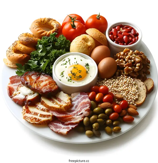 A plate full of food including bacon, eggs, tomatoes, bread, and nuts