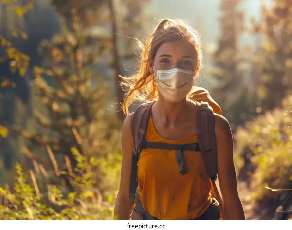 Young woman hiking in the mountains with a mask on