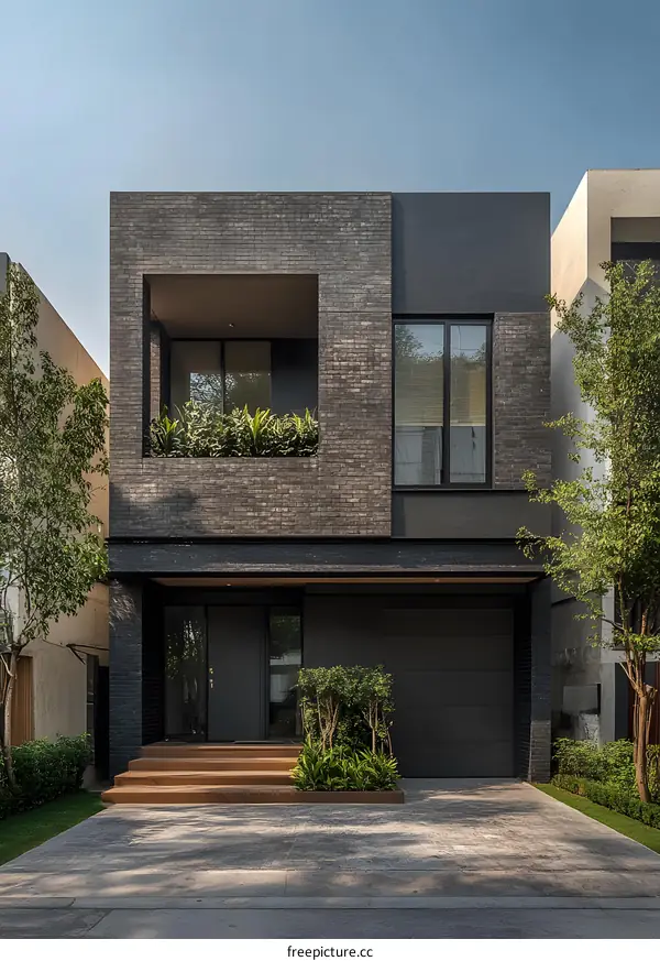 Modern Minimalist Brick House with Green Plants