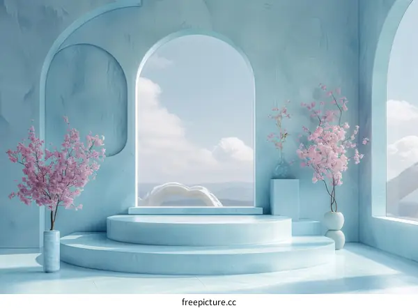 Light Blue Aesthetic Minimalist Scene with Cherry Blossoms