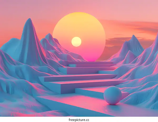 3D rendering of a surreal landscape with a large sphere and a staircase leading up to it