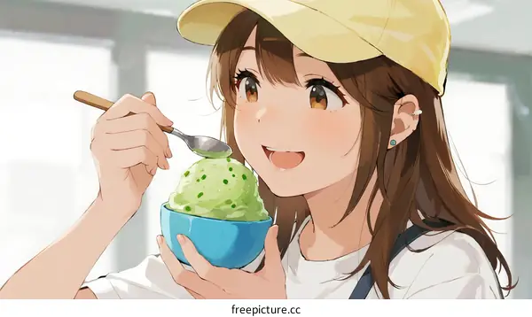 A Young Woman Enjoying a Bowl of Green Matcha Shaved Ice