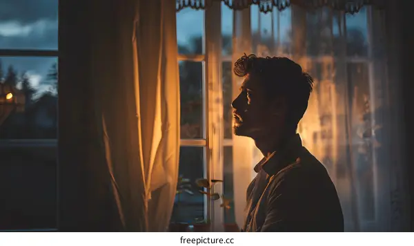 Man looking out window at night