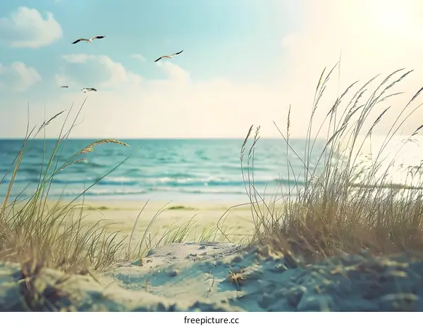 Sea View Through Grass On Beach With Birds Flying