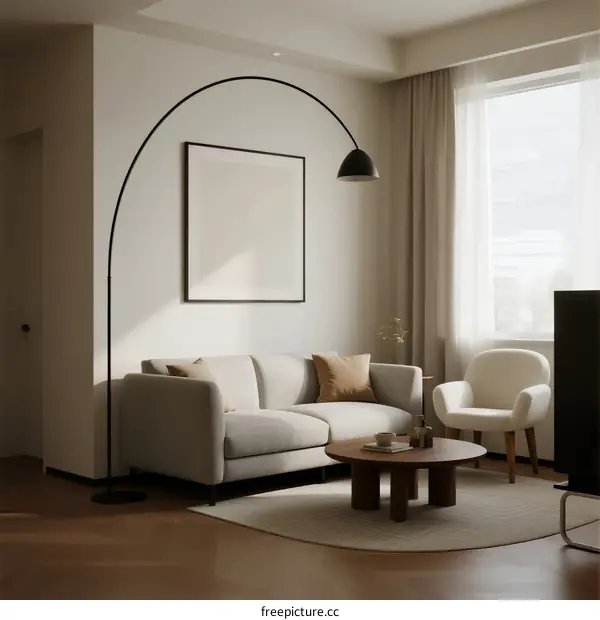 Modern Living Room Interior with White Sofa and Floor Lamp