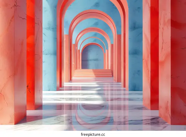 Abstract Archway Corridor with Red Pillars and Blue Walls