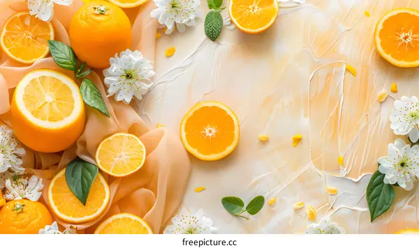 Orange Slices With White Flowers and Peach Silk on Yellow Background