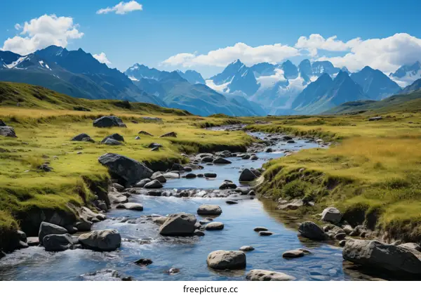 Alpine valley with river and mountains in the distance
