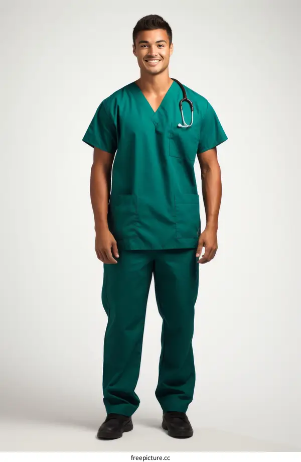 Young male doctor wearing green scrubs