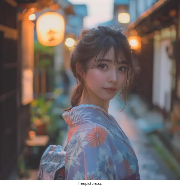 Asian Woman in Traditional Japanese Kimono at Evening
