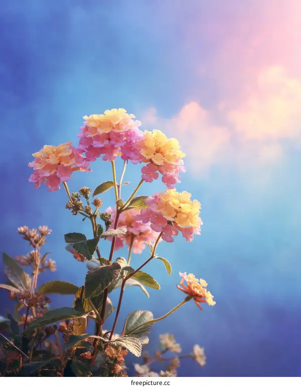 Beautiful Pastel Flowers Against a Vibrant Sky