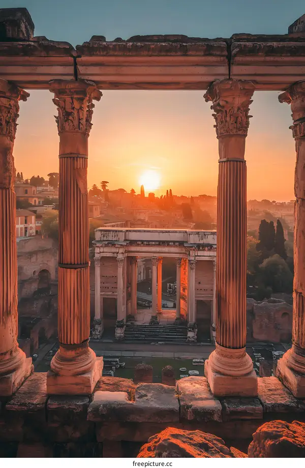 Roman Ruins at Sunset with a View of the City