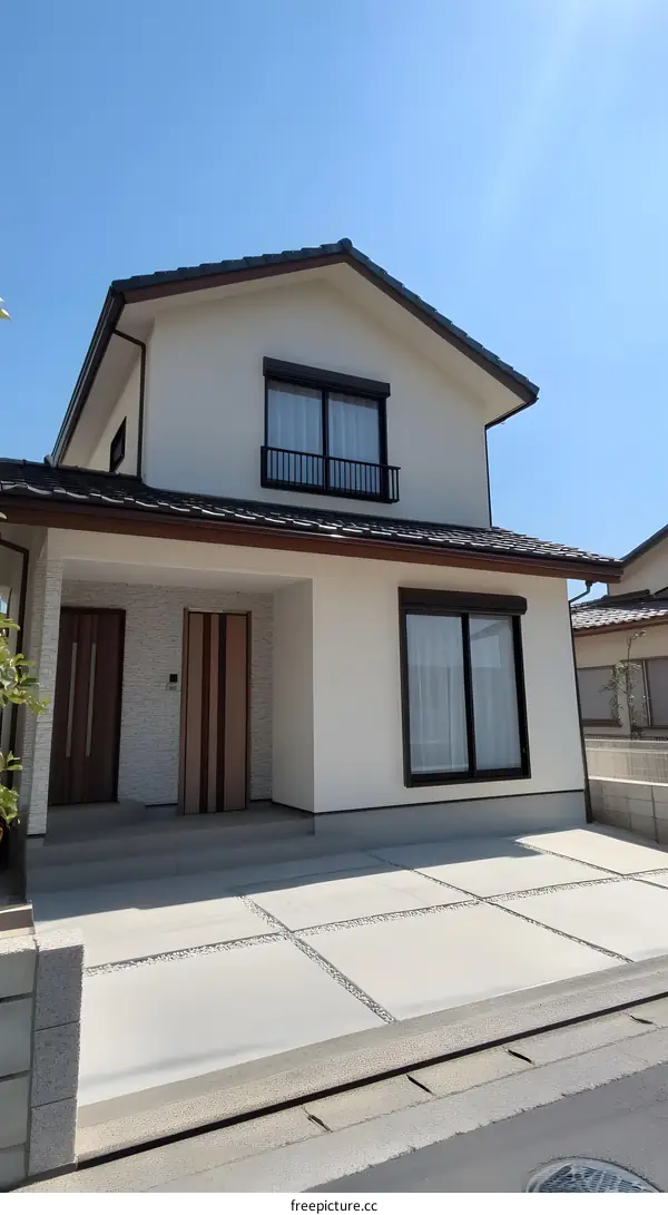 Modern Two Story House with White Walls and Brown Roof