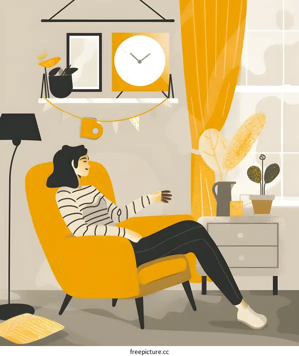 Woman Relaxing in a Yellow Armchair in a Living Room