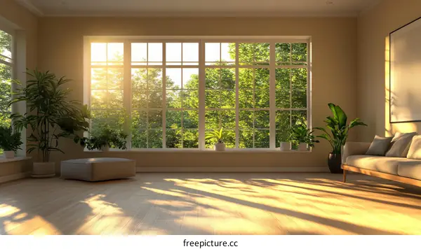 Sunlit Interior with Large Windows and Plants