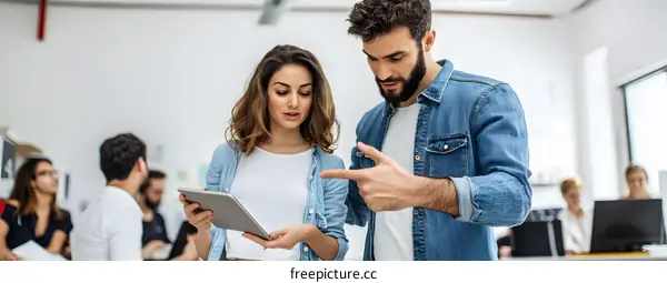 Two Colleagues Discussing Work on a Tablet in an Office