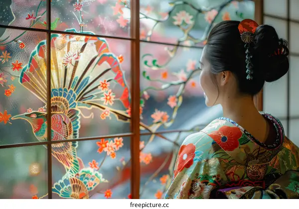 A woman in a kimono standing in front of a window