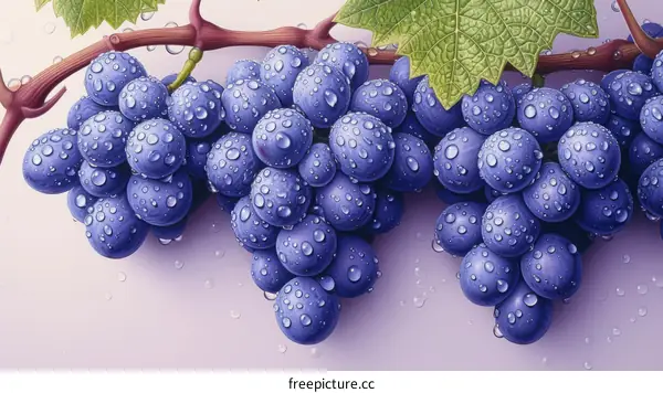 A close-up image of a bunch of purple grapes with water drops on them