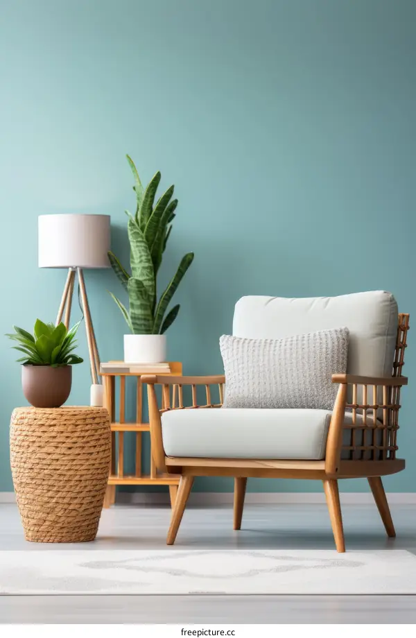 Stylish Modern Ergonomic Armchair with Natural Plant and Book in Living Room