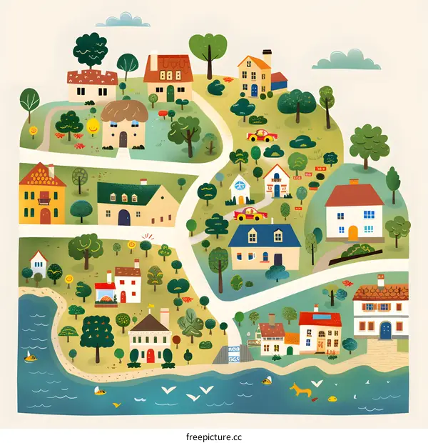 Illustration Of A Small Town With Houses And Cars
