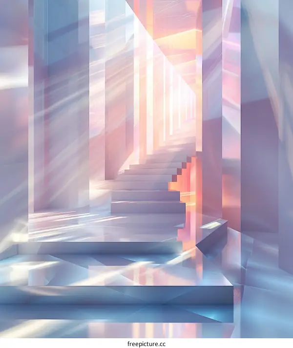 An empty room with stairs and a glowing light