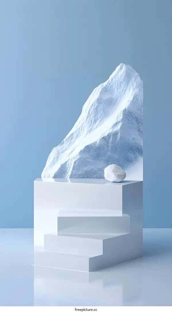 Abstract 3D Minimalist Blue and White Scene With Steps And Rock