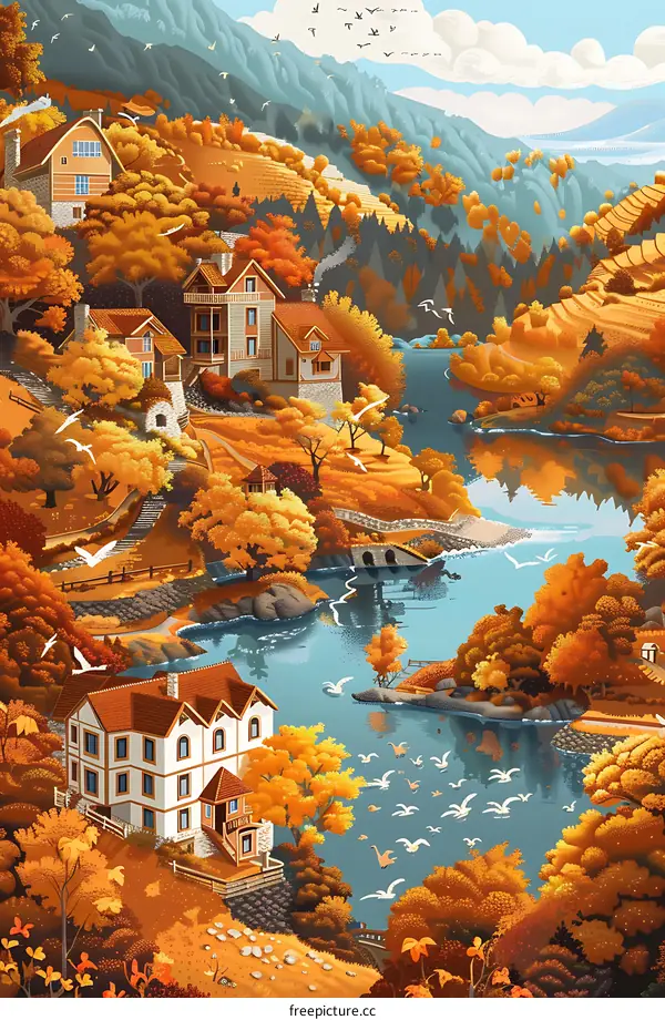 Autumn Landscape With Houses And A River