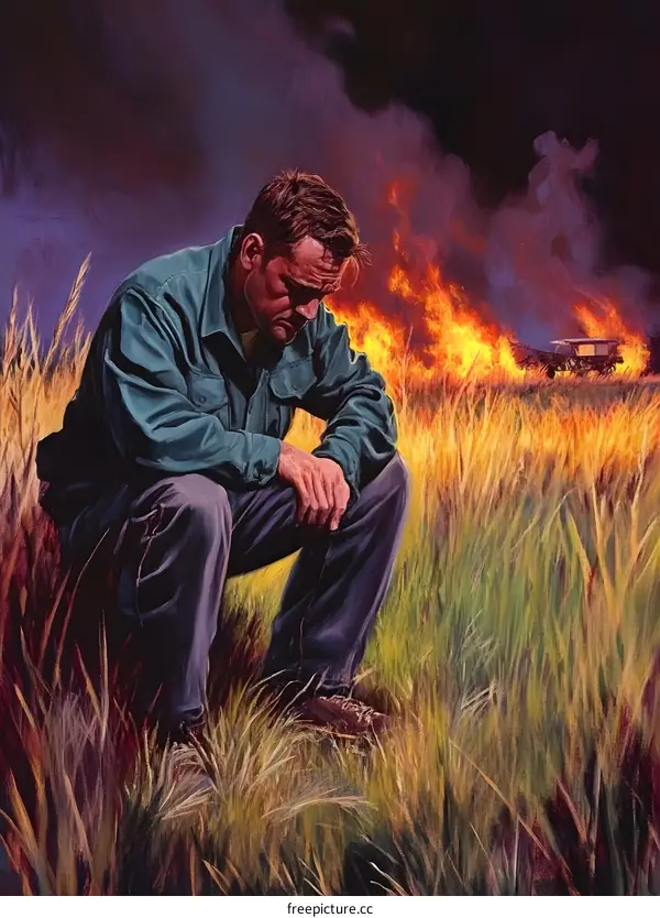 Man Sitting in a Field Fire